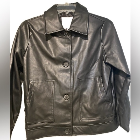 Anthropologie NVLT Women’s Black Vegan Leather Jacket Collar Buttons Pockets M
